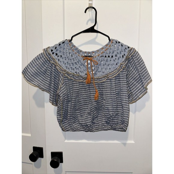 Free People Allora Blouse Womens Small Blue Peasant Cropped Crochet Striped XS - Picture 2 of 6
